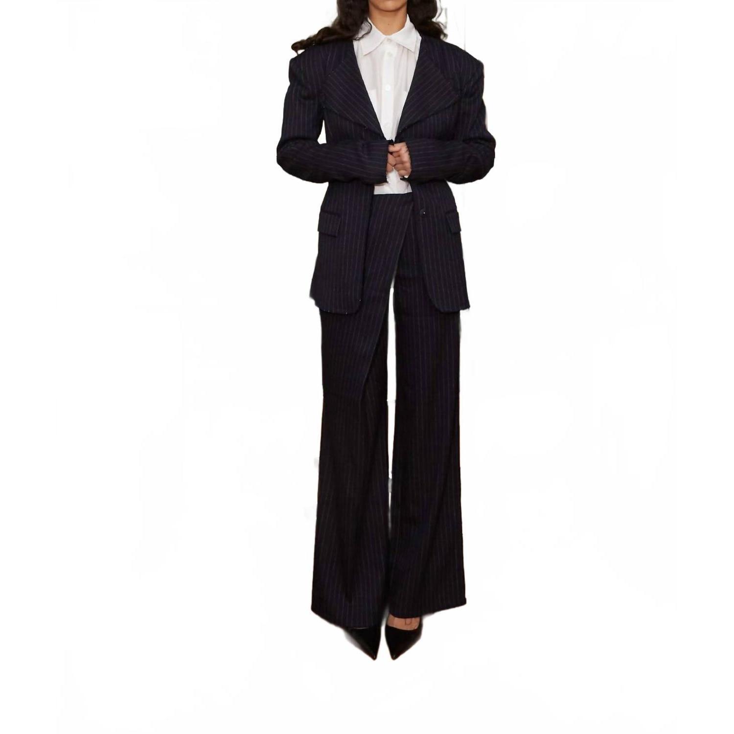 New Saemdi Pinstripe Twill Trouser In Navy Blue